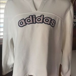 EUC LADIES SIZE LARGE ADIDAS HOODIE-BRIGHT WHITE WITH PURPLE LOGO